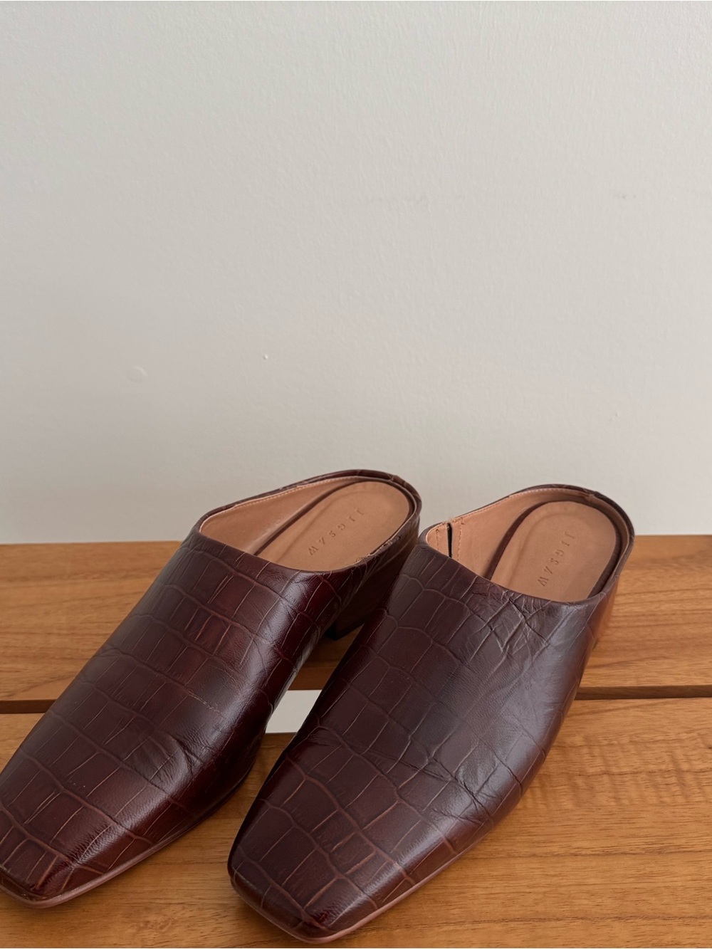 Jigsaw Brown Croc-Embossed Leather Slip-On Mules